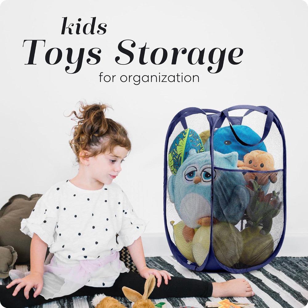 2 Pack Pop Up Laundry Hamper – Foldable Mesh Basket with Pocket, Blue, Portable