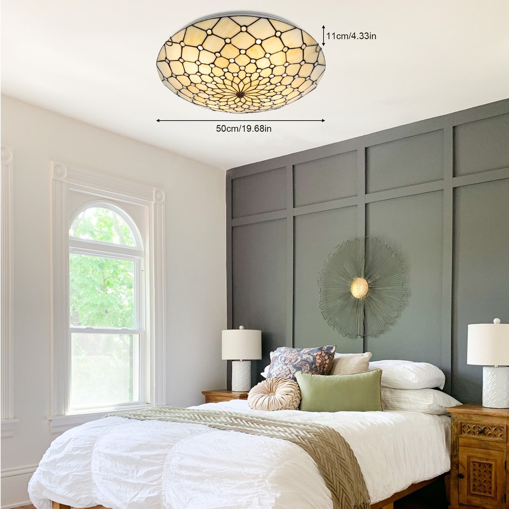 Vintage Style Flush Mount Wide Stained Glass Ceiling Lamp 4-Light Ceiling Light