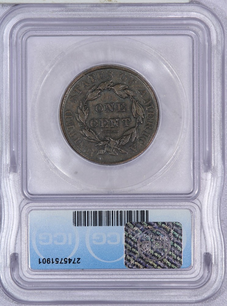 1837 CORONET HEAD LARGE CENT 1C ICG VF30