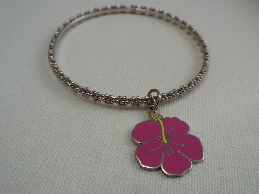Silvertone Pink Flower Charm Bangle Bracelet (B27)
