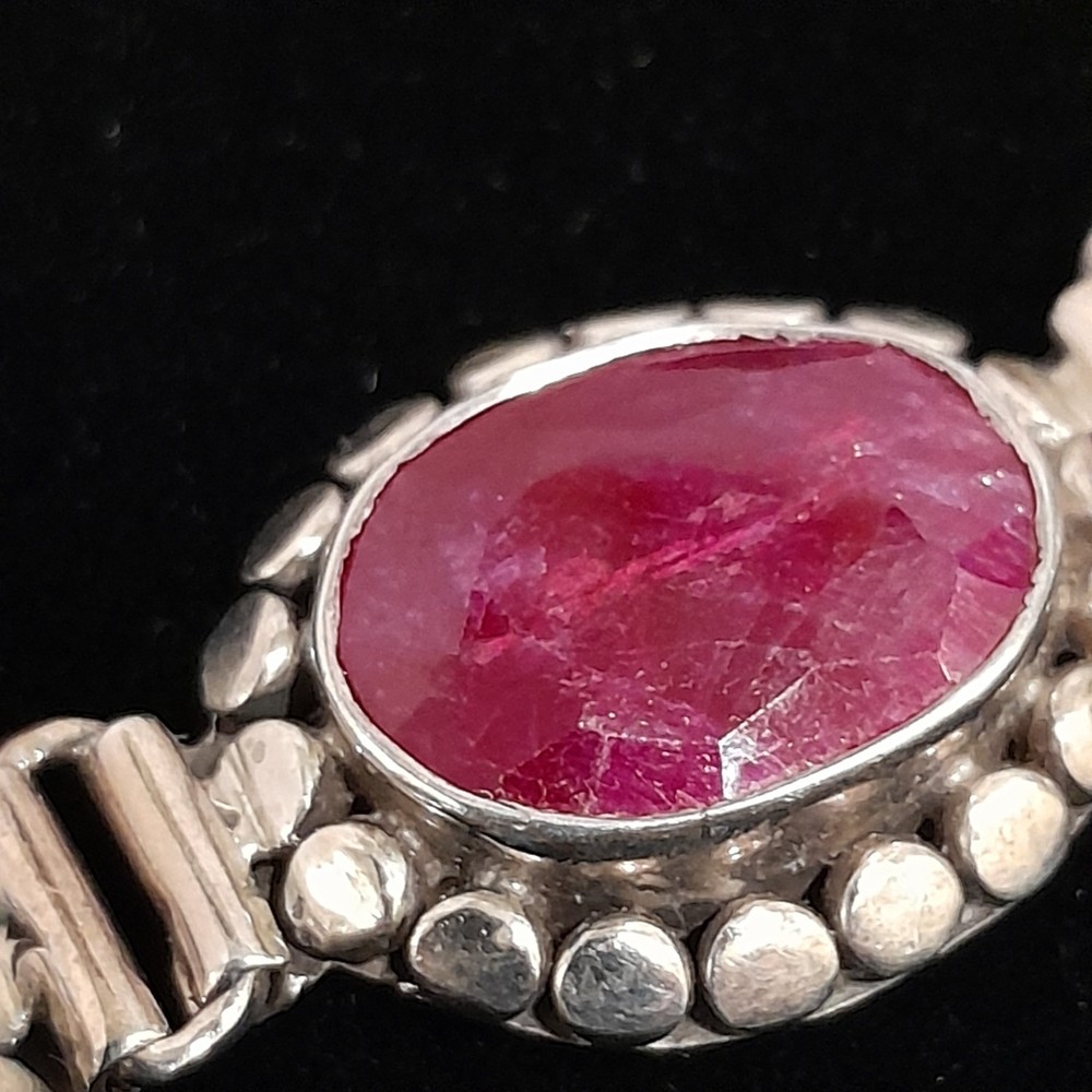 925 Sterling Silver Red Ruby Oval Faceted Panel Link Bracelet Toggle