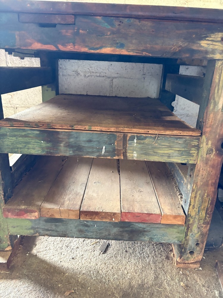 Carpenter /Mechanic work bench/table. Vintage, solid wood. 63" l