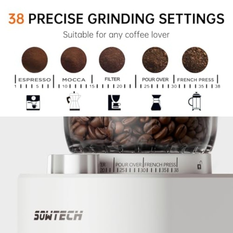 SOWTECH Conical Burr Coffee Grinder, Adjustable Electric Mill, 38 Precise Grind