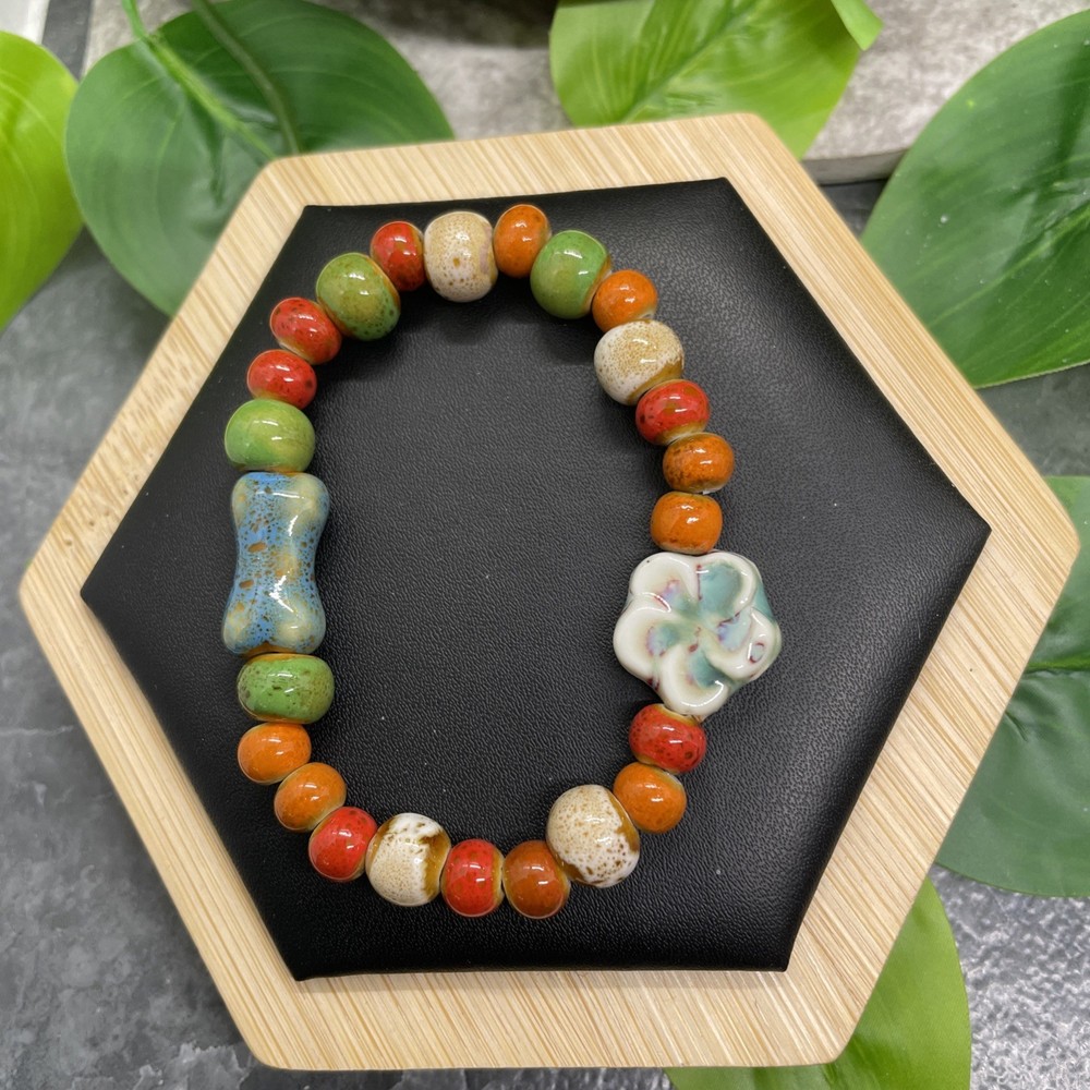 Handmade Ceramic Bead Beaded Stackable 6” Plus Stretch Bracelet New B8995