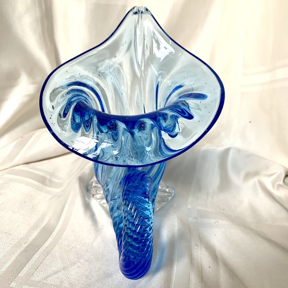 Vintage Murano Blue Cornucopia Glass Vase 7”