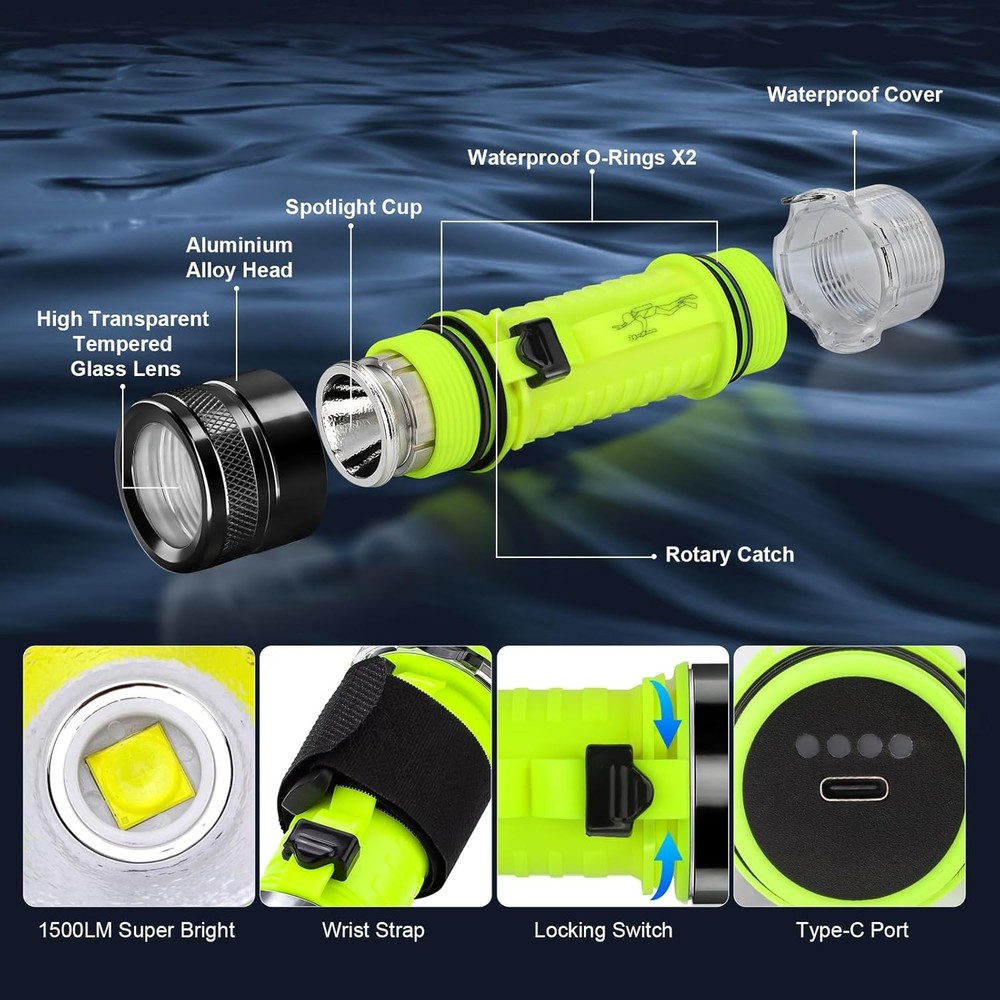 BlueFire Rechargeable Diving Flashlight, 1500 Lumen Scuba Diving Light, 3 Modes