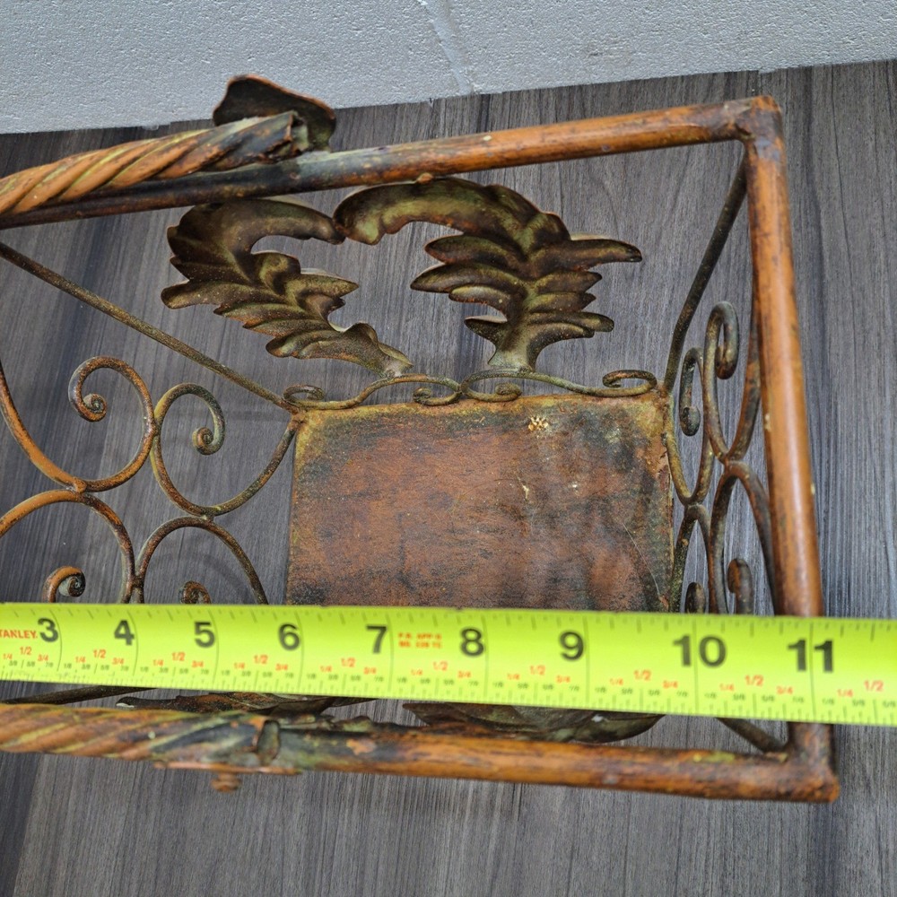 Vintage Copper Metal Basket Distressed Leaf Scroll Handle Planter Decor