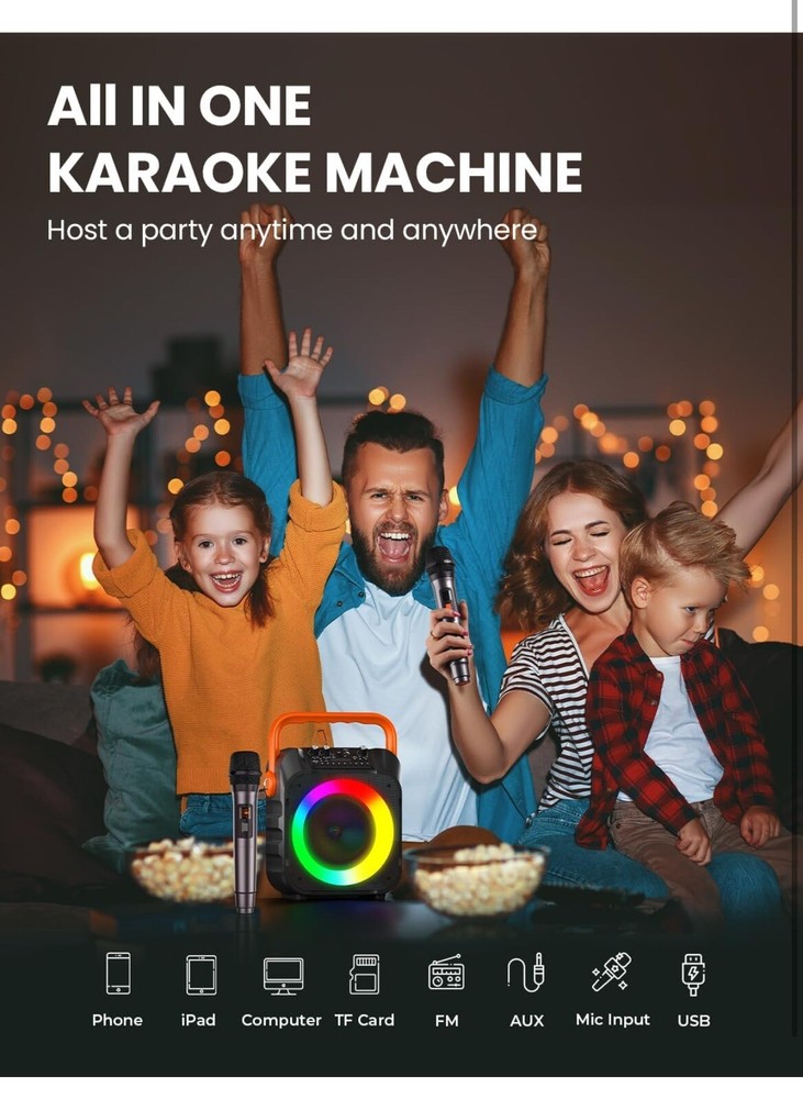 Karaoke Machine with Two Wireless Microphones, Portable Bluetooth PA System Led