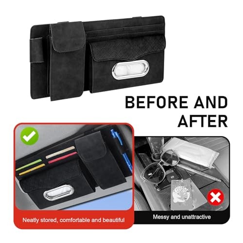 Car Sun Visor Organizer, Multi-compartment Storage Clip for Tissues ID Cards