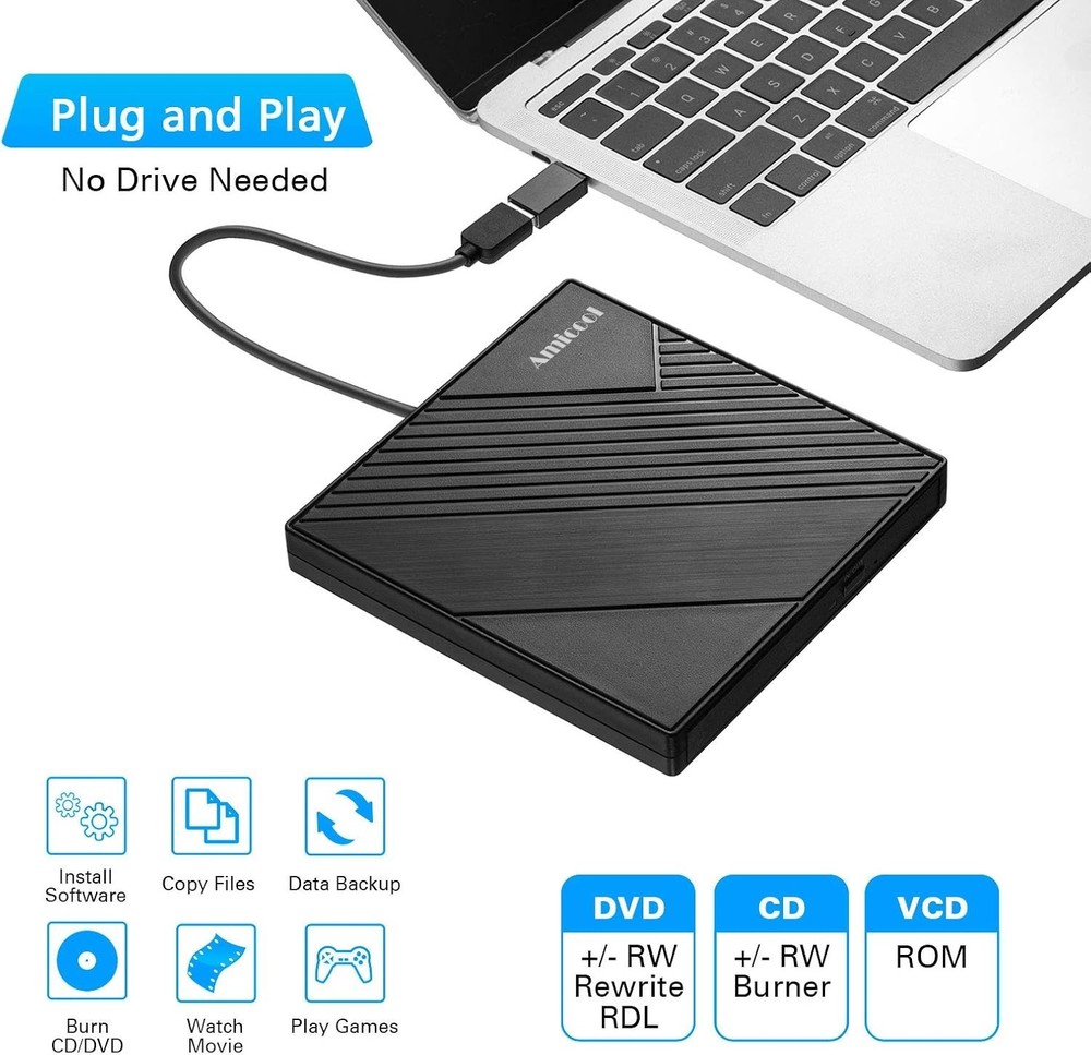 Amicool External DVD Drive USB 3.0 USB C CD Burner +/-RW Optical Drive, Slim