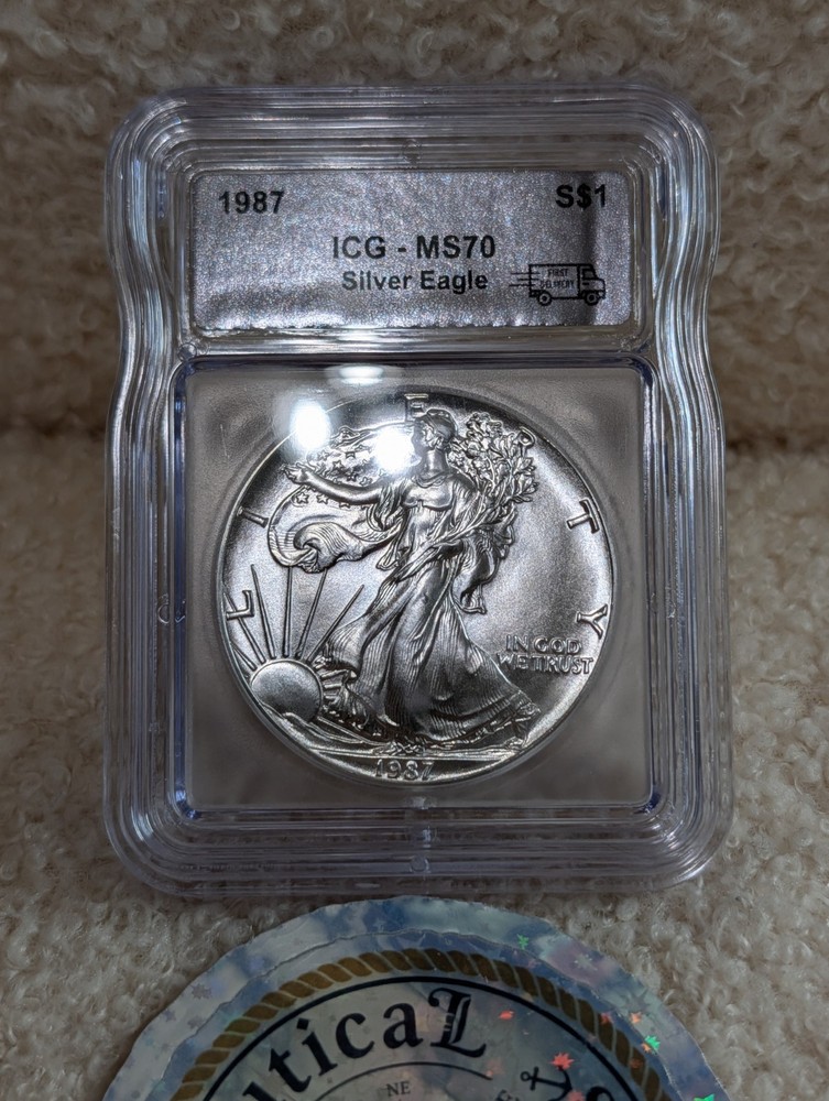 1987 * First Delivery $1 America Silver Eagle * Walking Liberty * ICG MS70