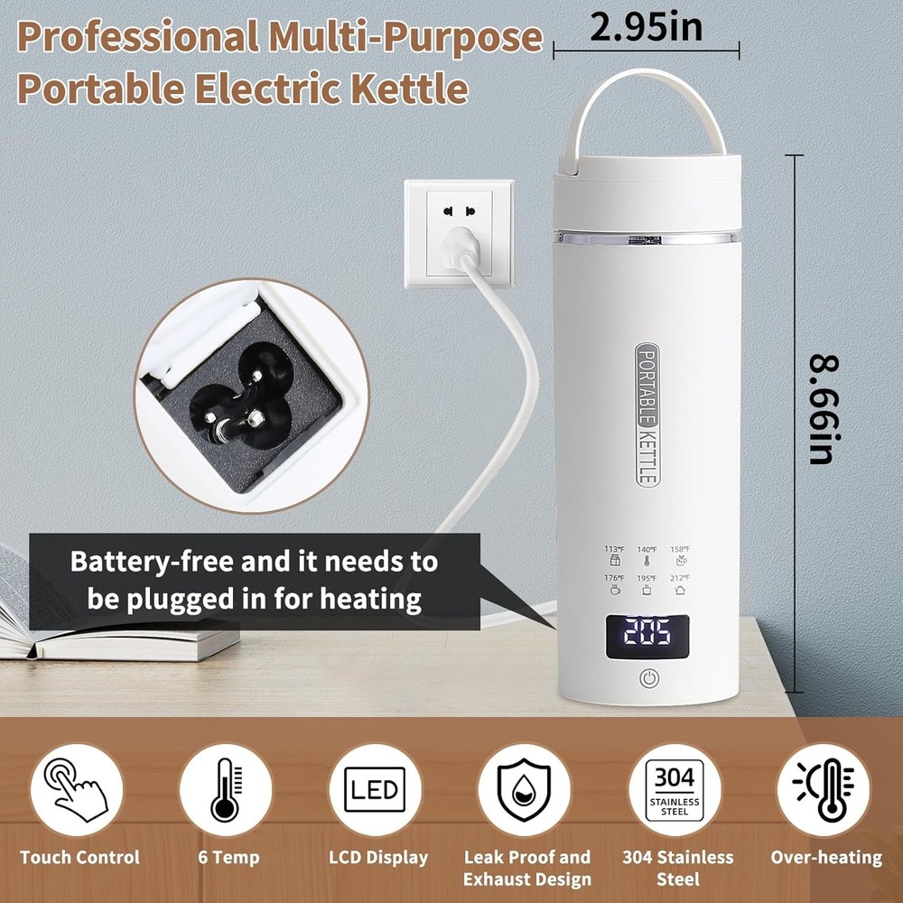 Compact Portable Electric Kettle, LCD Display with 6 Temperature Settings, 304 S