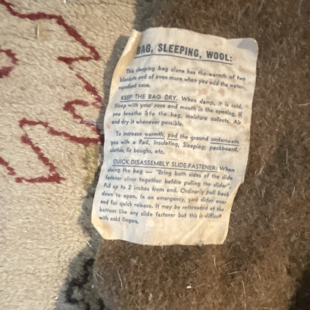 WWII US Army Wool Sleeping Bag with Original Instruction Label