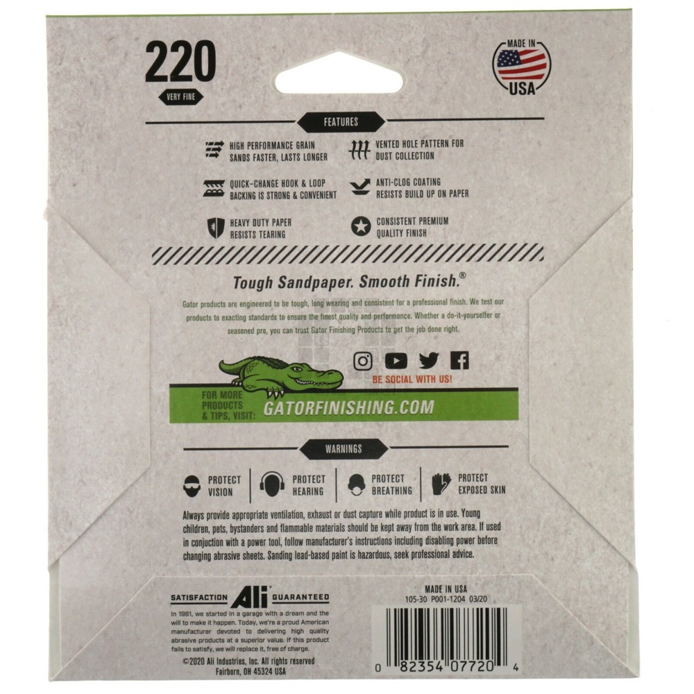 Gator 7720 5" Random Orbit Hook & Loop Sanding Discs, Very Fine 220 Grit, 4 Pack
