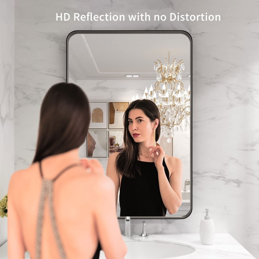 24x36" Black Metal Frame Bathroom Mirror - Rounded Rectangle, Anti-Rust Design