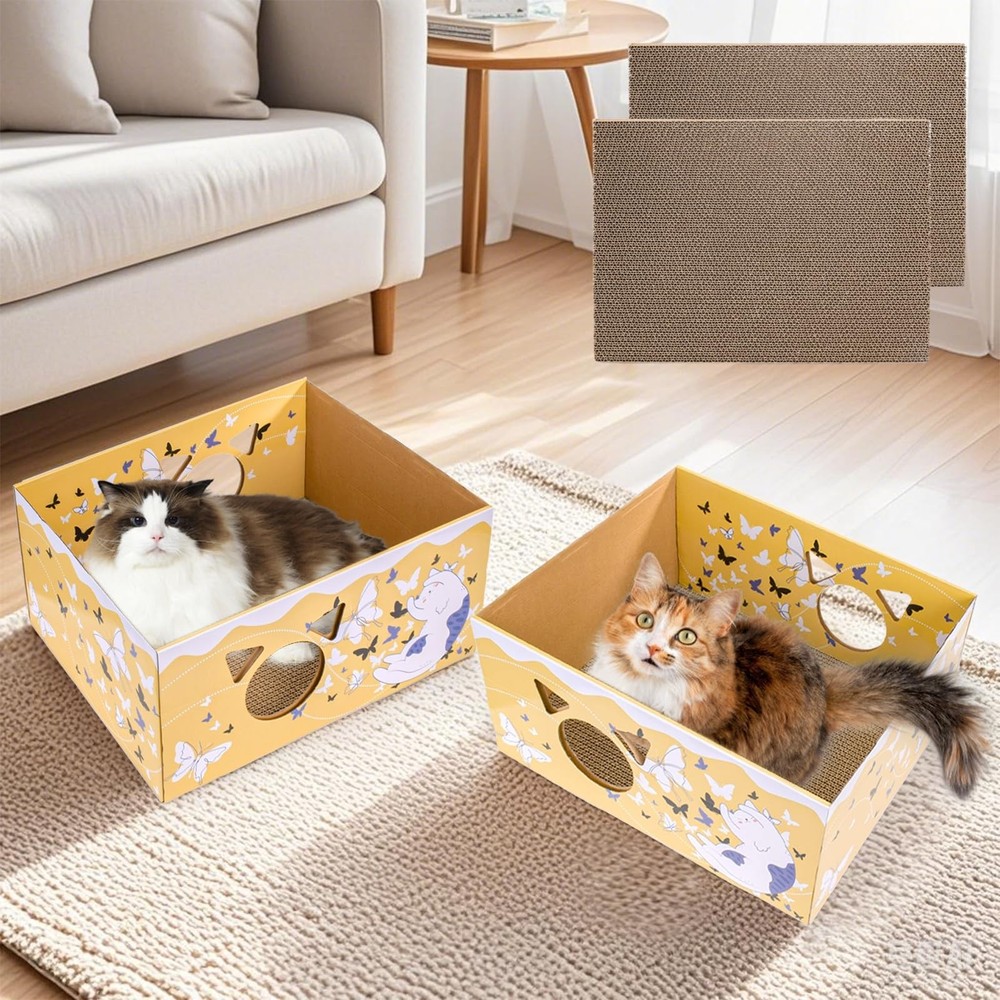 2 Pack Cardboard Cat Scratcher Box, Butterfly Pattern Cat Hideaway House with...