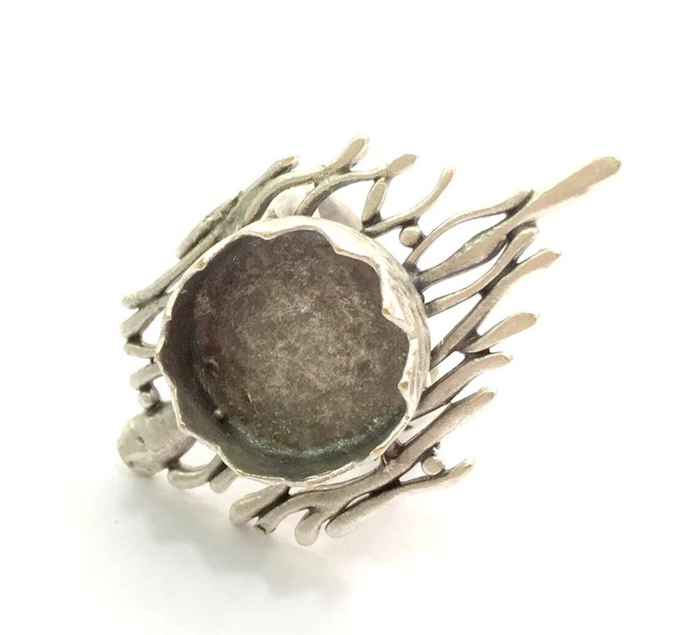 Round Blank Ring Bezel Setting Adjustable Base Antique Silver Plated Brass