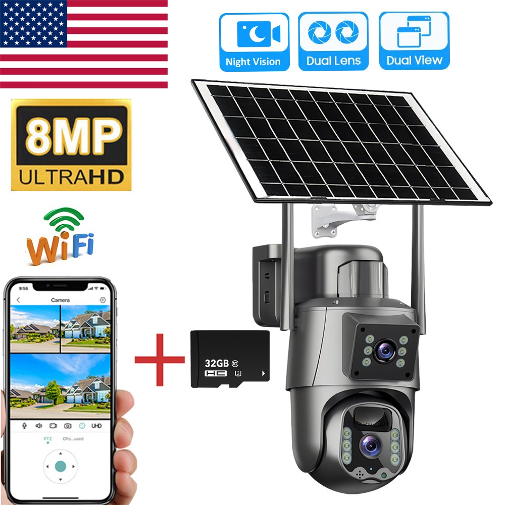 Solar Camera Outdoor Wireless WiFi CCTV Surveillance 4K Camera Solar Panel US