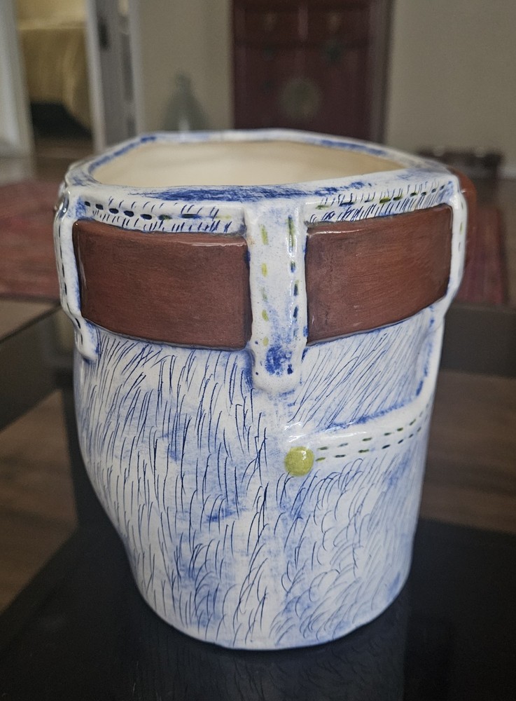 1970's Blue Jeans Planter Handmade Ceramic Novelty Planter