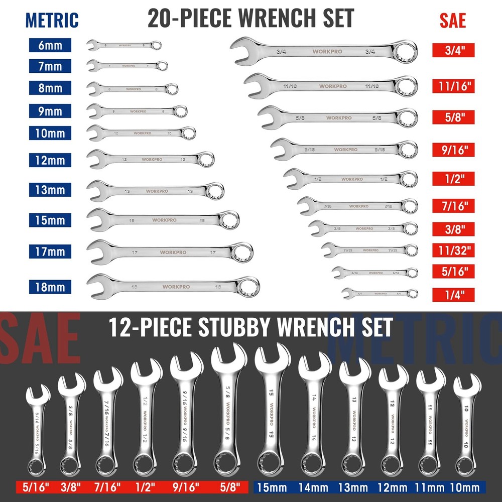 WORKPRO 32PC Combination Wrench Set Regular Stubby Wrench SAE Metric 12PT W/Tray