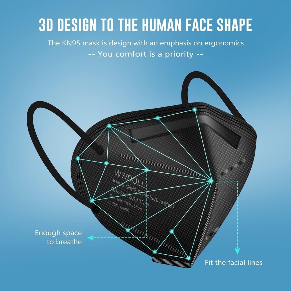 Protective KN95 Face Mask - 5-Layer Breathable Disposable - Black - 25 Pack