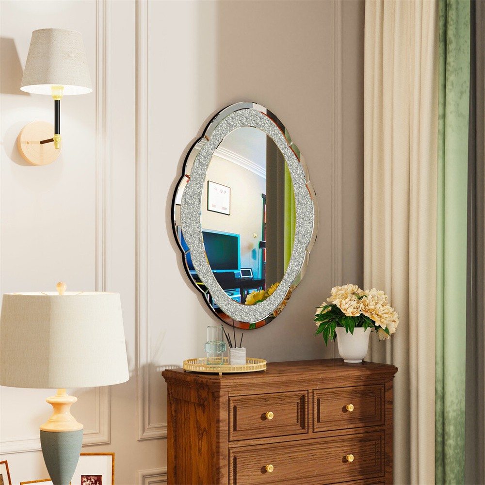 Sparkly Crystal Crushed Diamond Wall Mirror Oval Accent Mirror Bathroom Hallway