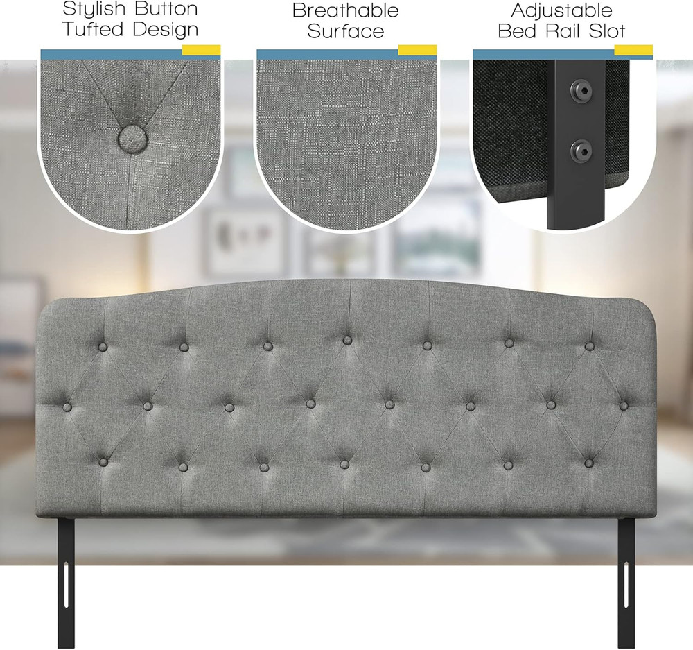 Modern Light Grey Upholstered Button Tufted Headboard, Adjustable Height, Full S
