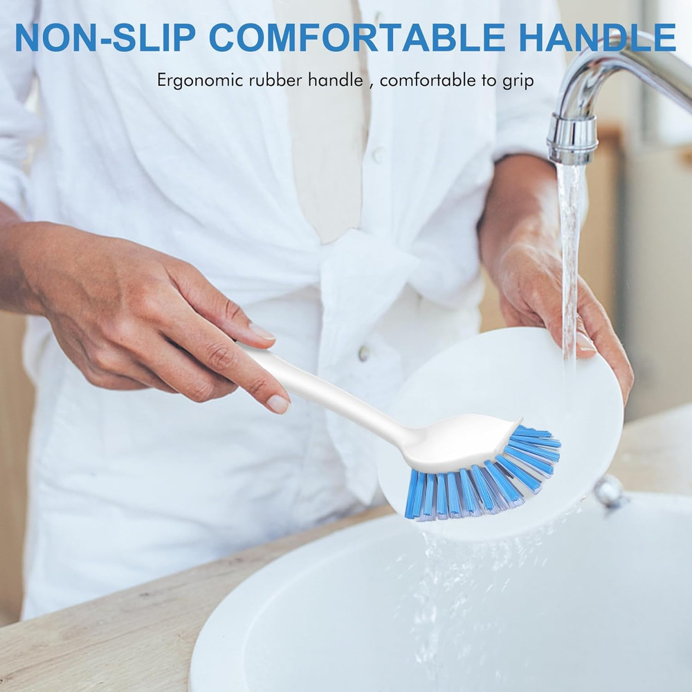 Dish Brush with Handle, 2 Pack Stiff Bristles Dish Scrubber with Built-In Scrape