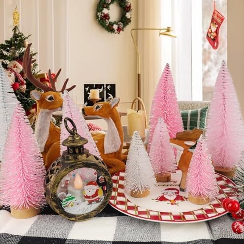 Miniature Pine Tabletop Christmas Tree Topper Light Pink White Decor