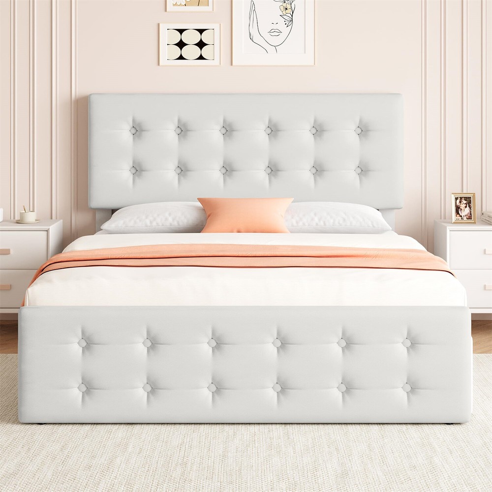 Full Size Bed Frame with 4 Storage Drawers and Headboard Upholstered Platform