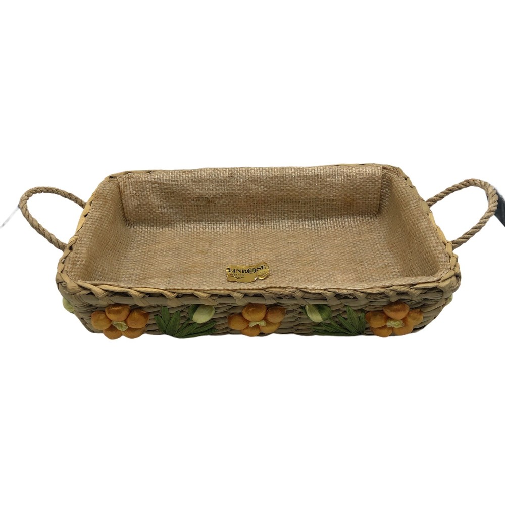 Vintage Handmade LINROSE Floral Rectangular Serving Basket Raffia Wicker
