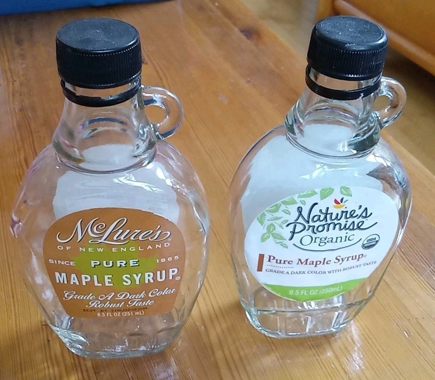 2 Empty Maple Syrup Clear Glass 8.5 oz Bottles w Loop Handle Plastic Caps Labels
