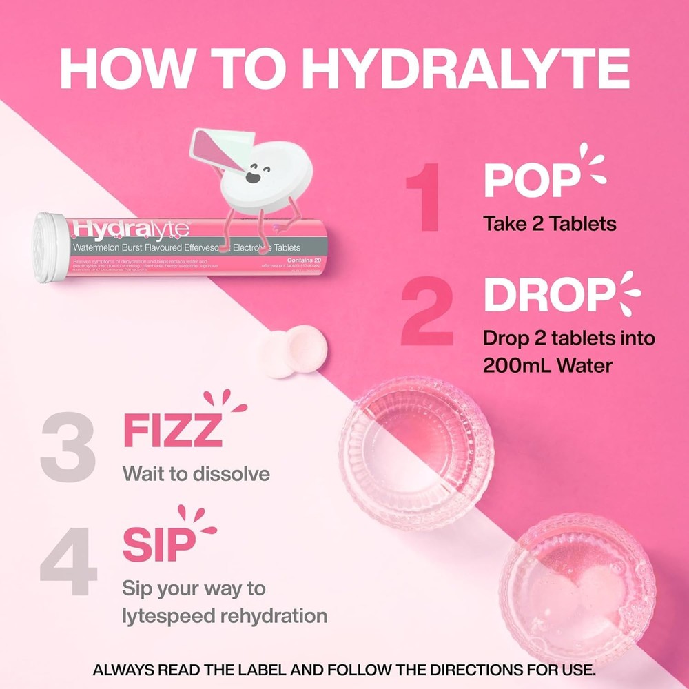 Hydralyte Electrolyte Effervescent Watermelon Flavoured 20 Tablets EXP: 06/26