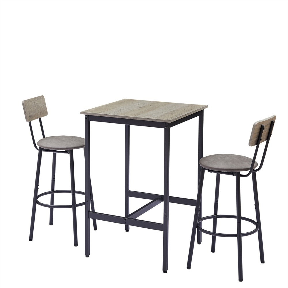 3 Piece Bar Tables Set Counter Height Dining Kitchen Table w/ 2 Bar Stool Grey