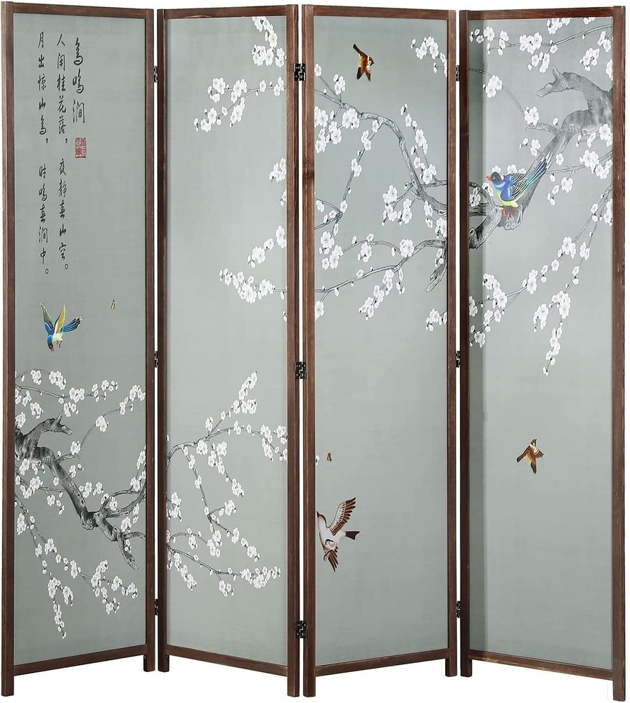 4 Panel Asian Cherry Blossom Tree & Bird Design Room Divider, Brown Wooden Frame