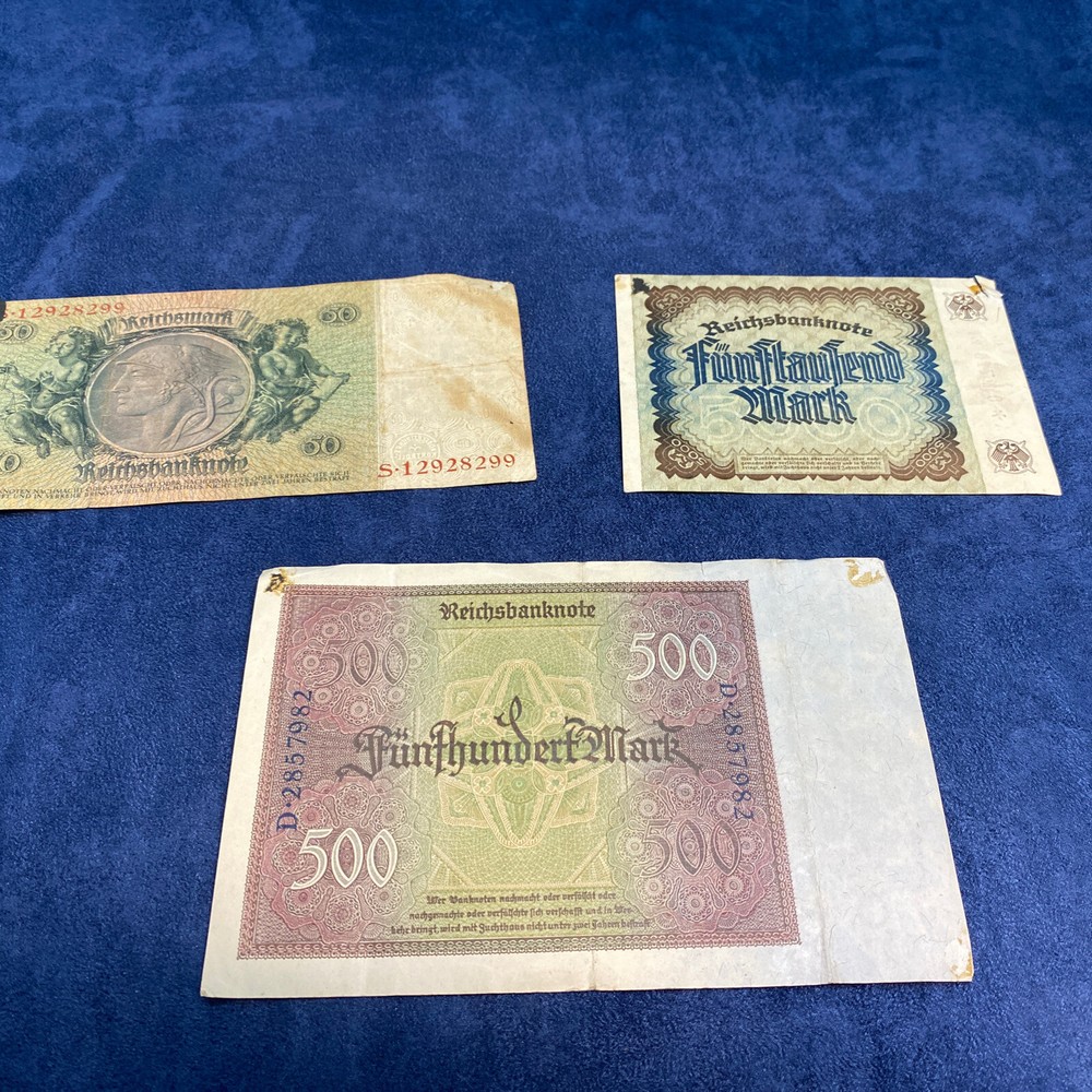 3pc Lot Reichbanknote, 50, 500, 5000