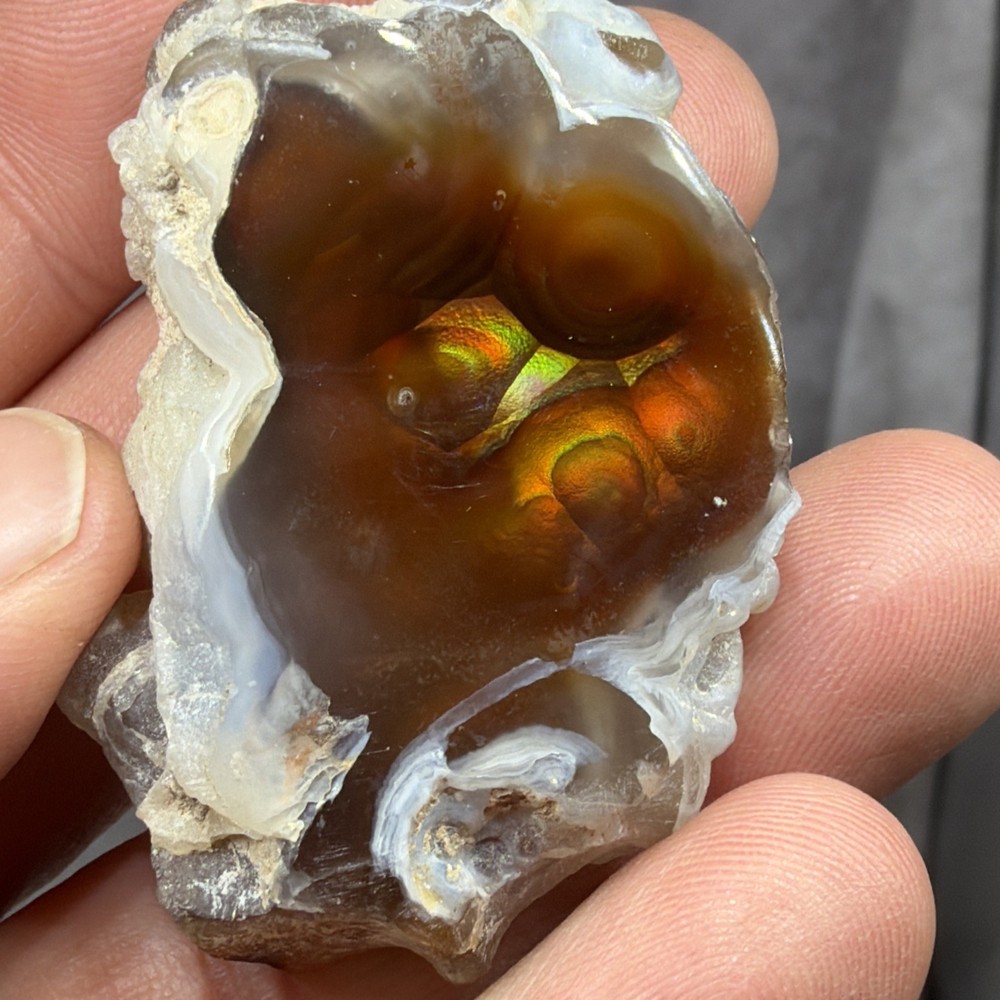 Fire Agate Polished Window Gem Stone w/ Raw Rock Material Green & Orange