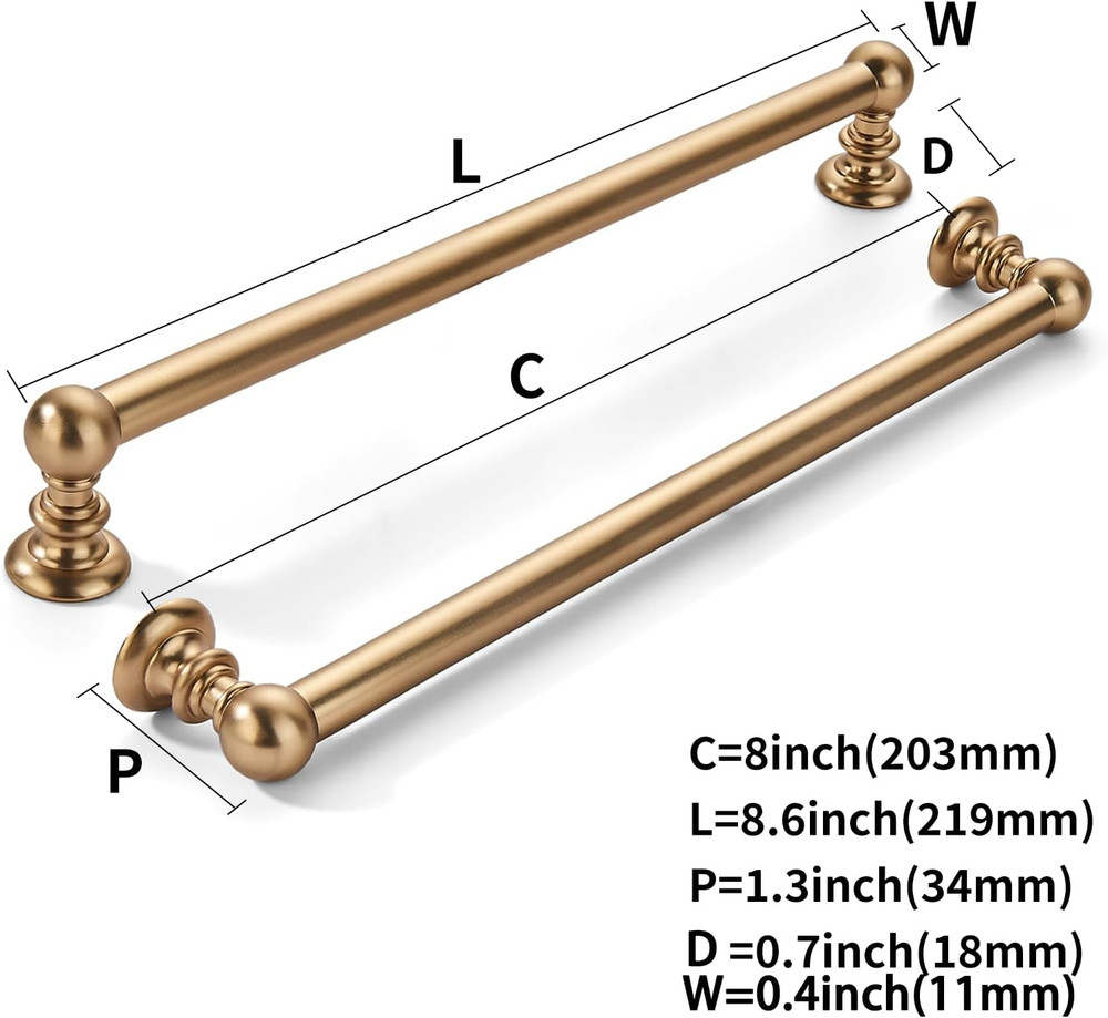 10 Pack 8" Honey Bronze Cabinet Pulls - Durable Brass Hardware Set