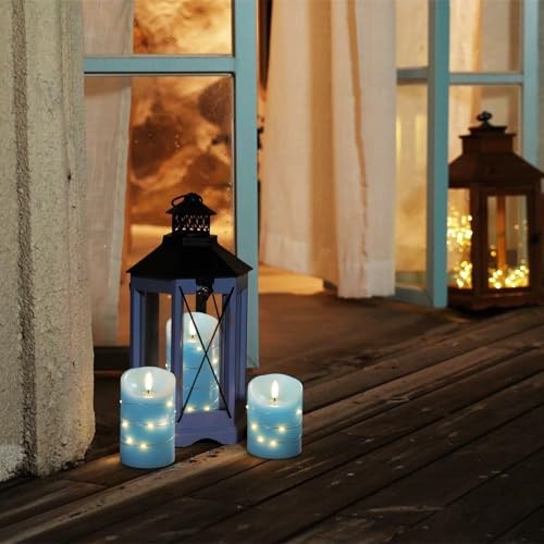 Flameless Candles with String Lights, 3 Pack Embedded Fairy String Lights Blue