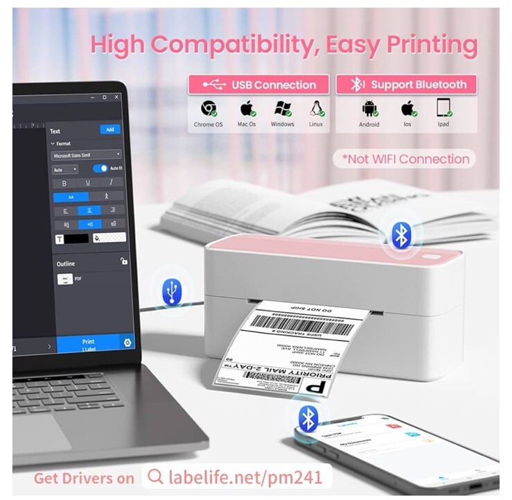 Logistics Label Printer PM-241-BT Pink White NEW Bluetooth