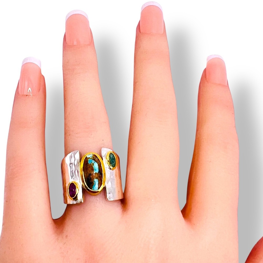 Two Tone Sterling Silver Blue Turquoise Emerald Ruby Ring Handmade -6500