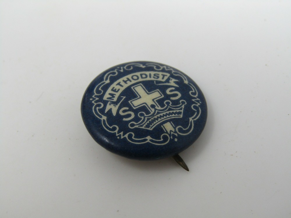 Vintage Methodist Sunday School Pinback Button Blue White SS Cross Crown