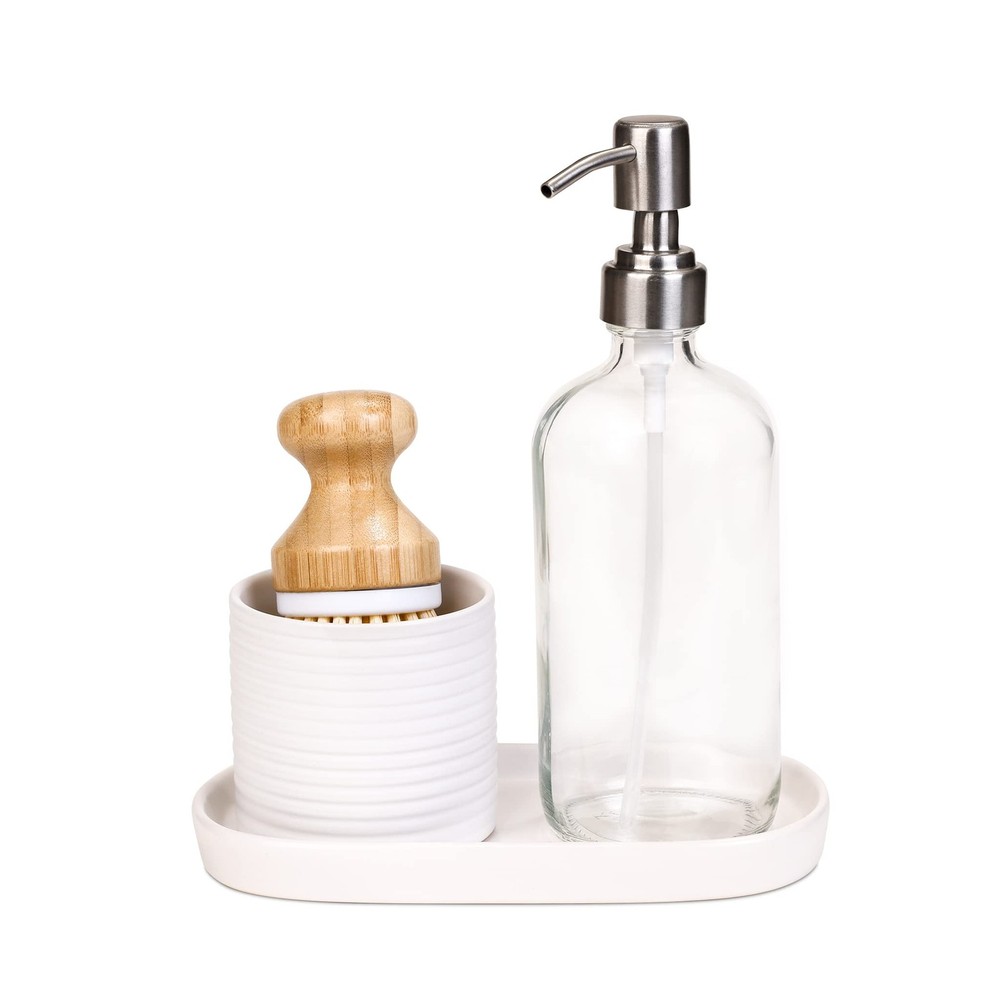 SMART DESIGN CERAMIC SOAP PUMP AND BRUSH SET WITH TRAY - WHITE