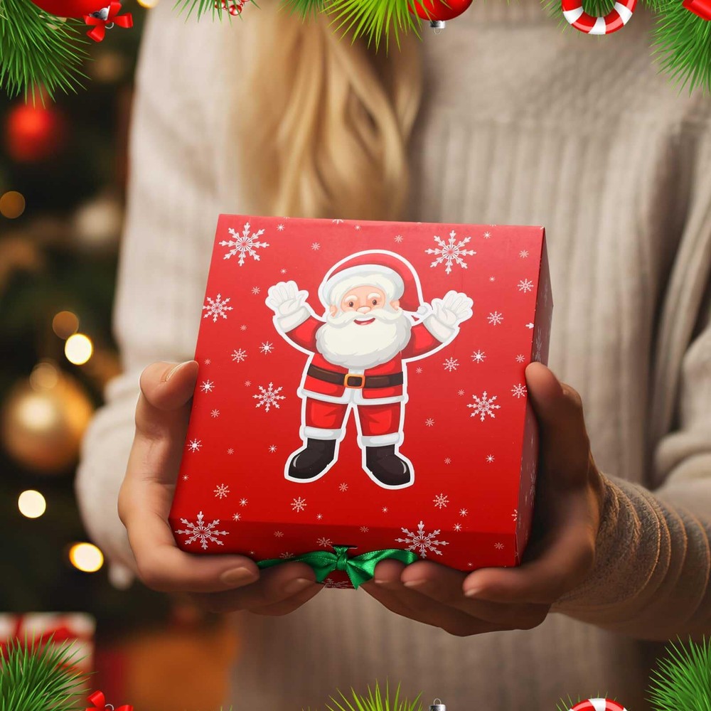 24 Pack Christmas Gift Boxes 8"x8"x4" Lids Bow 12 Designs Holiday Present
