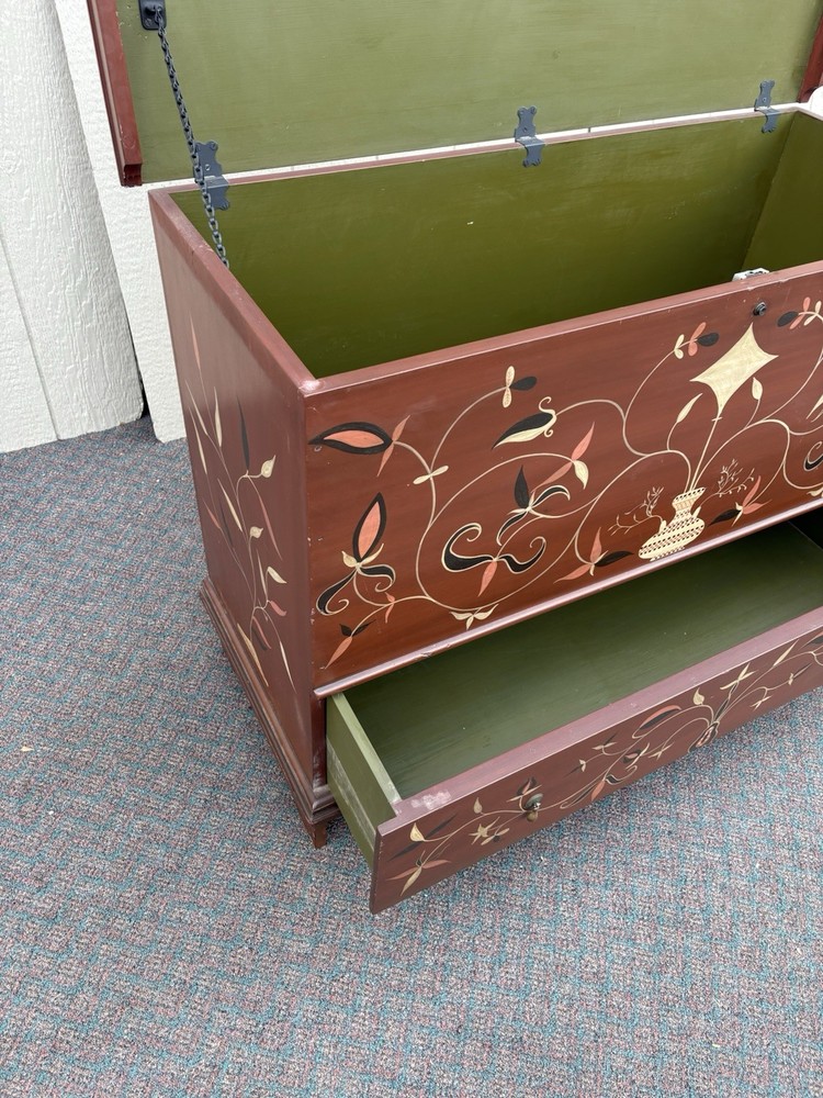 67230 Rustic Primitive Hamd Painted Blanket Storage Chest with Drawer