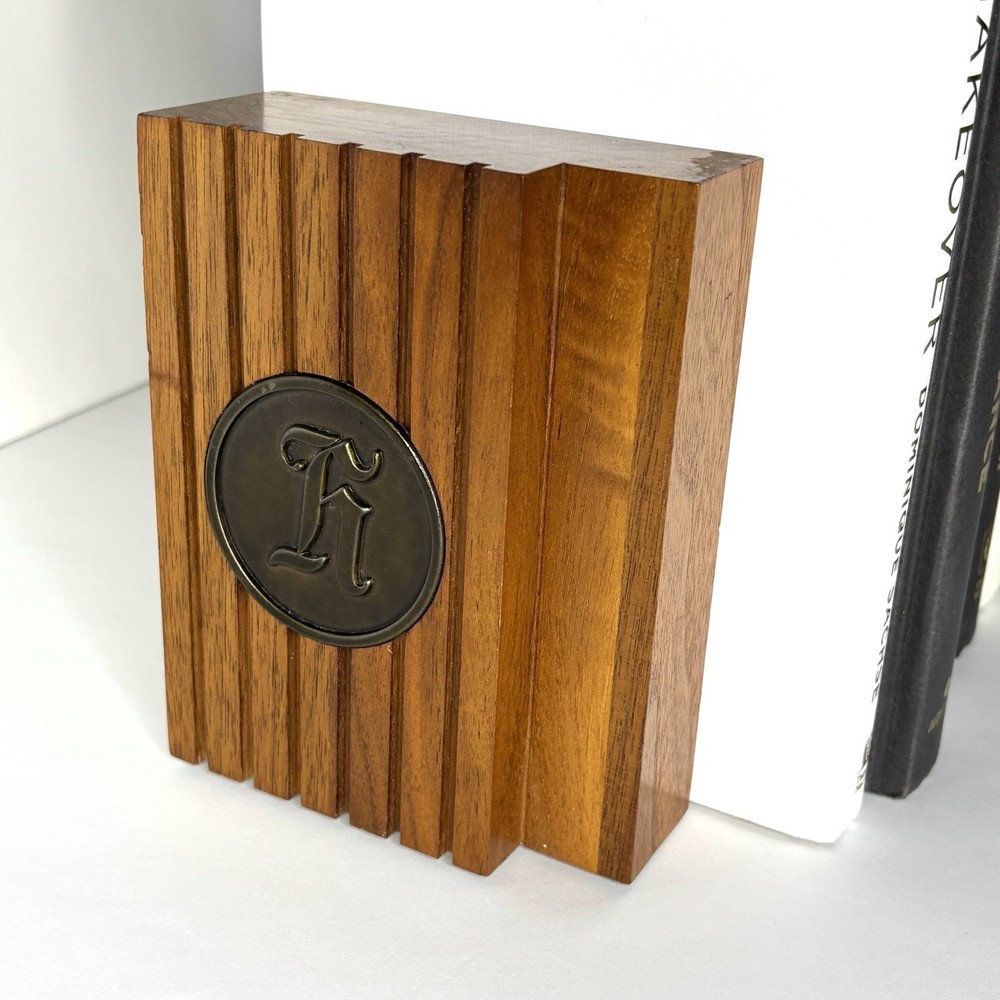 Bookends Solid Walnut Wood Personalized Initial Letter H Mid-Century Modern Book