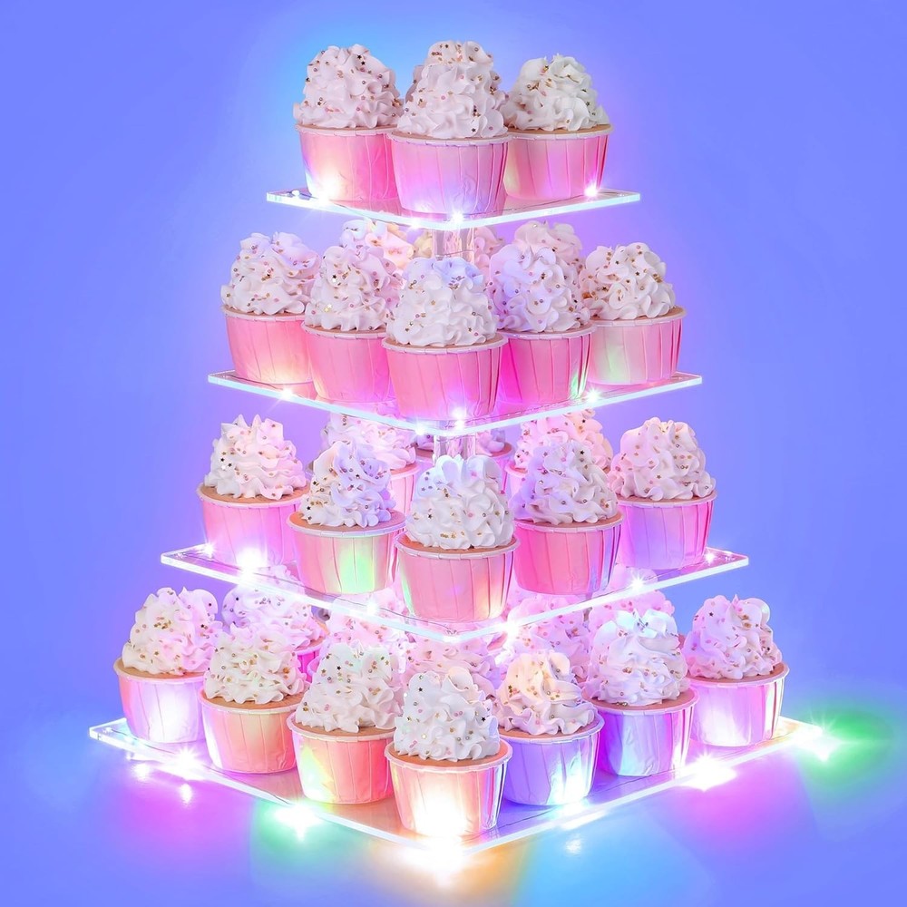 Versatile 4-Tier Cupcake Holder with LED String Lights - Durable Acrylic Design