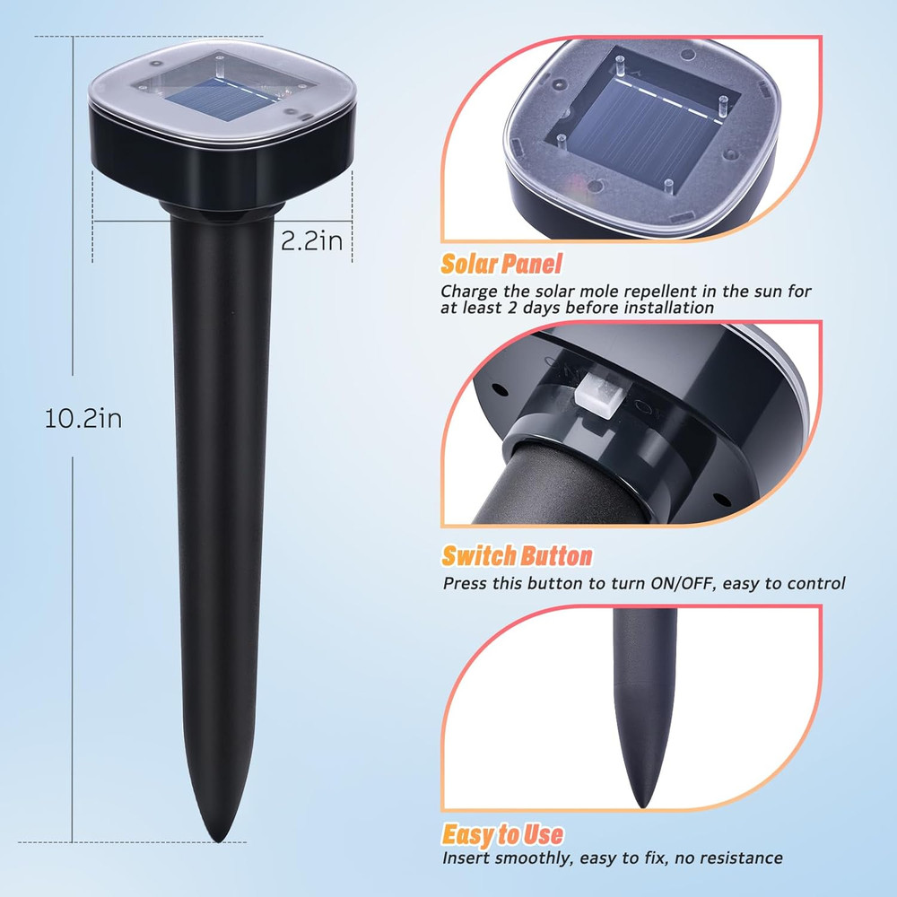 4 Pack Mole Repellent Solar Powered, Snake & Skunk & Vole & Gopher & Armadillo &