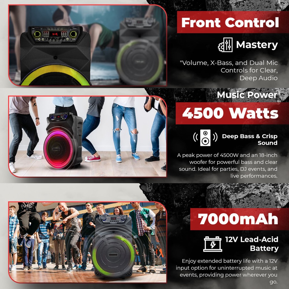 18" Portable Bluetooth Speaker Deep Bass With Remote Control Wireless Microphone