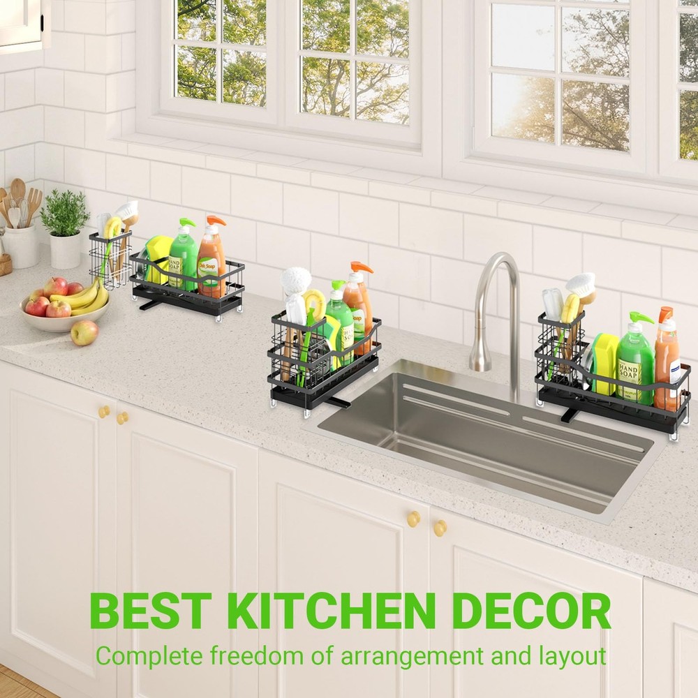 Sponge Holder for Kitchen Sink, Self-Draining Sink Caddy Organizer with Black